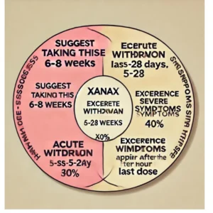 A Venn diagram with four overlapping circles displaying information on Xanax withdrawal symptoms, designed with light pink and cream hues.