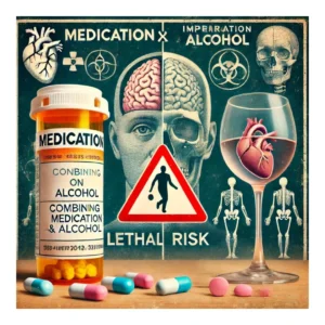 Graphic illustration highlighting the lethal risk of combining medication and alcohol, showing a pill bottle labeled 'Medication' alongside a wine glass containing a heart symbolizing the dangers.