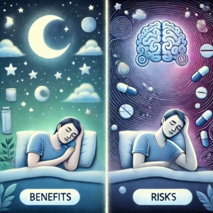 Illustration showing benefits and risks of Zopiclone. Left side: a person sleeping peacefully under a moon and stars, symbolizing the benefits of improved sleep. Right side: a person holding their head, surrounded by pills and a foggy brain, representing the risks like dizziness and confusion.